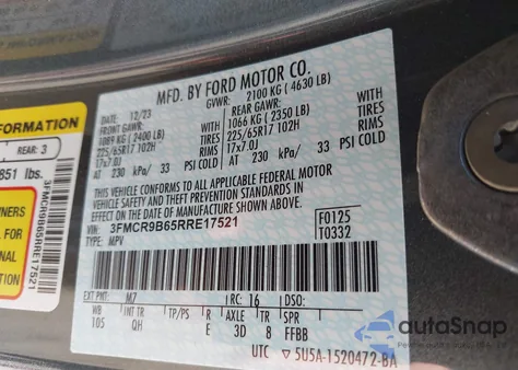 2024 Ford Bronco Sport Big Bend из США, поврежденный, VIN 3FMCR9B65RRE17521